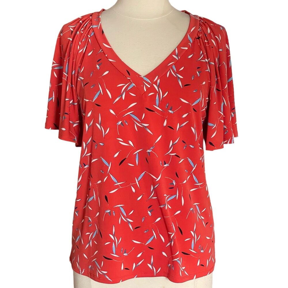 Banana Republic Short Ruffled Sleeve Top Sz M Super Comfy Red Flutter Print